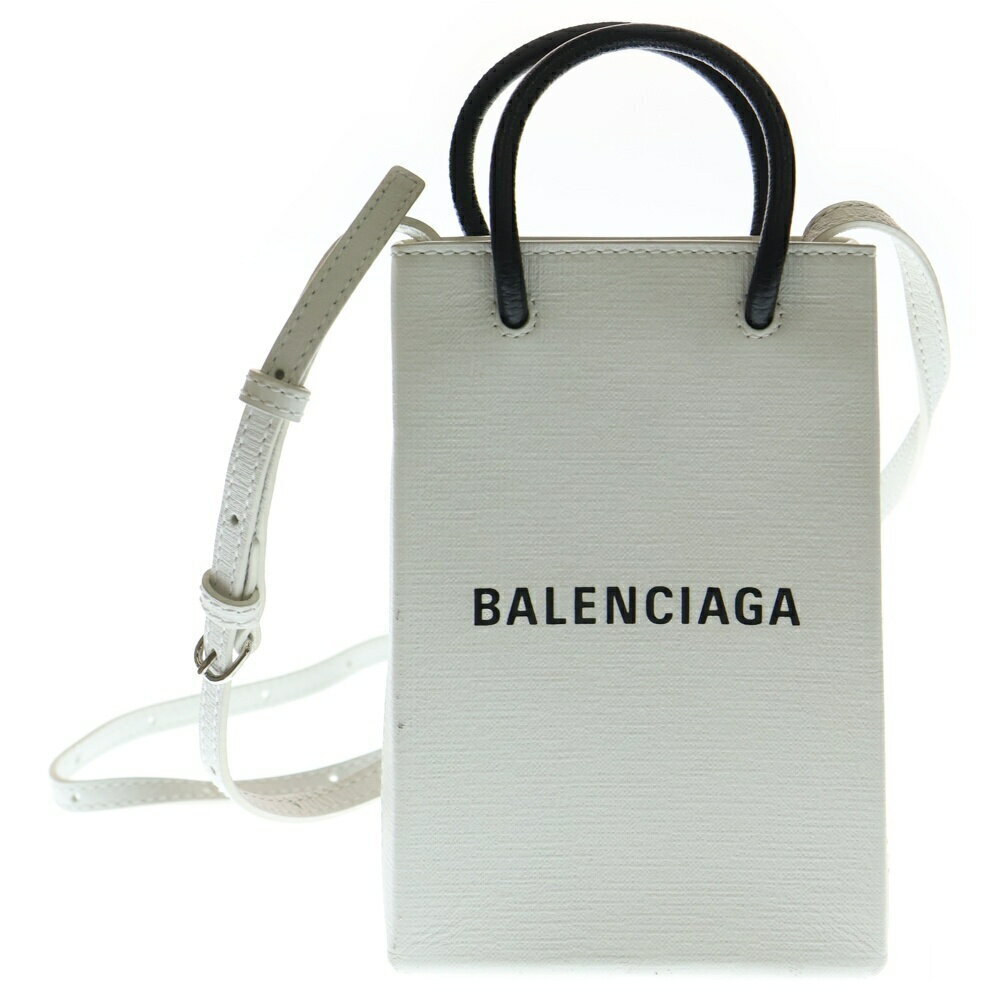 BALENCIAGA Shopping Bag Phone Shoulder Tote Handbag White Leather